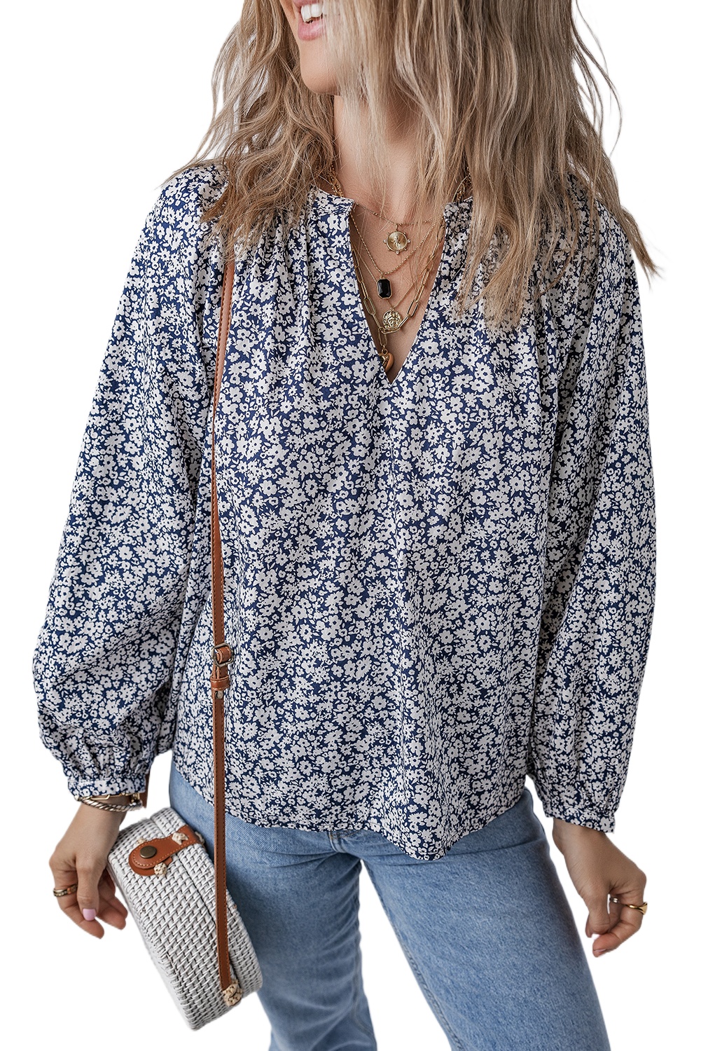 Women's Elegant Blue Floral Print Notched V Neck Puff Sleeve Blouse - Main View Women's Elegant Blue Floral Print Notched V Neck Puff Sleeve Blouse - Main View