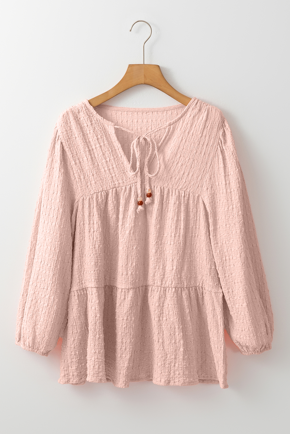Add a Touch of Whimsy with this Unique Light Pink Blouse - 3/4 Sleeves and Tiered Design - Detail View 7 Add a Touch of Whimsy with this Unique Light Pink Blouse - 3/4 Sleeves and Tiered Design - Detail View 7