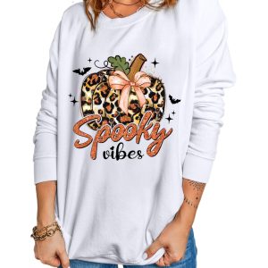Women's Beige Spooky Leopard Pumpkin Print Crew Neck Sweatshirt - Main View