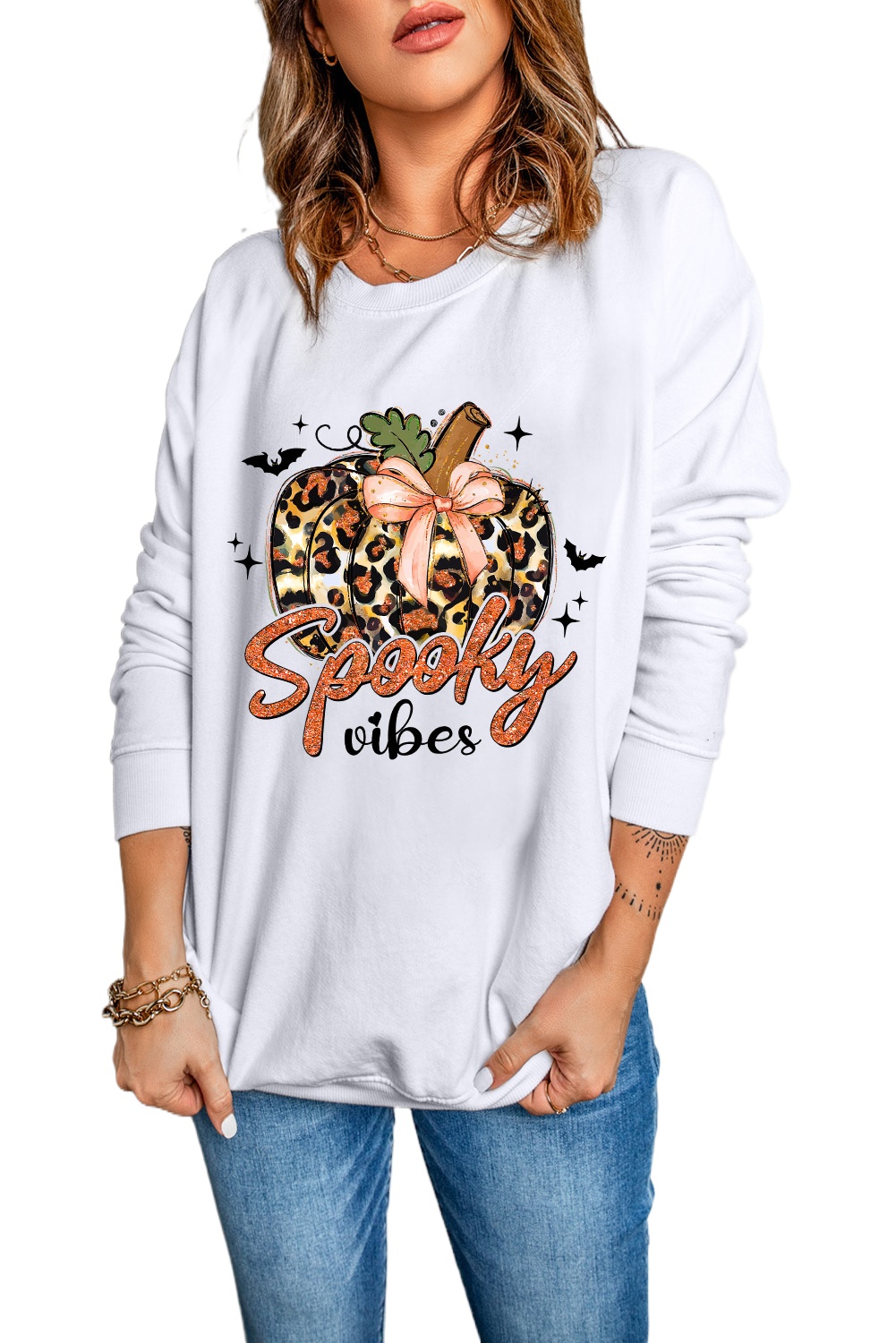 Women's Beige Spooky Leopard Pumpkin Print Crew Neck Sweatshirt - Main View Women's Beige Spooky Leopard Pumpkin Print Crew Neck Sweatshirt - Main View