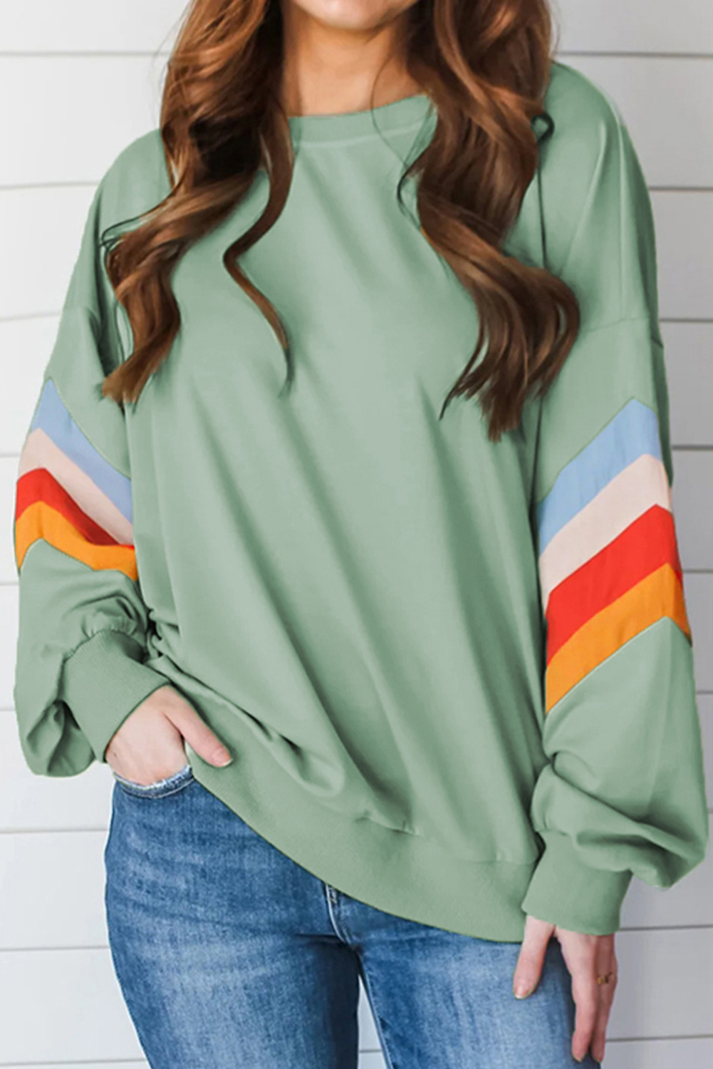 Casual Rainbow Stripe Sweater - Moonlight Jade - Comfortable Loose Fit - Detail View 2 Casual Rainbow Stripe Sweater - Moonlight Jade - Comfortable Loose Fit - Detail View 2