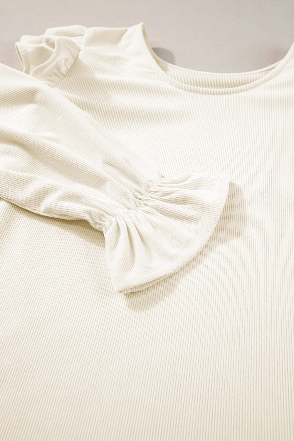 Stunning Long Sleeve Corduroy Shirt with Ruffled Sleeves and Round Neck - Detail View 7 Stunning Long Sleeve Corduroy Shirt with Ruffled Sleeves and Round Neck - Detail View 7