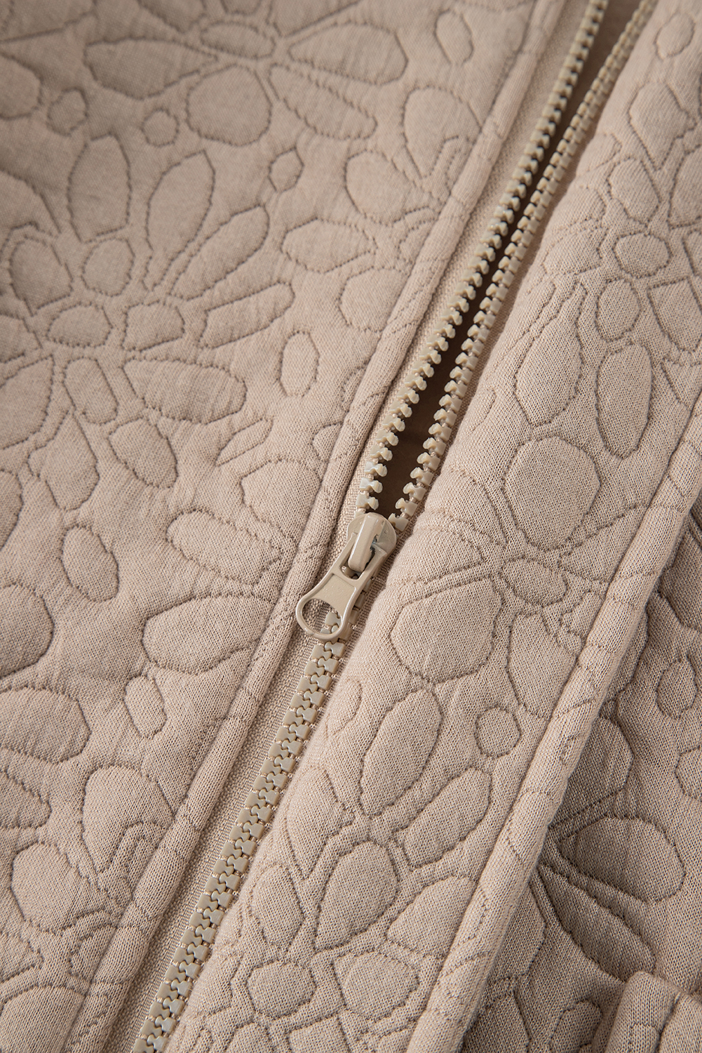 Women's Light French Beige Floral Quilted Jacket with Long Sleeves - Detail View 16 Women's Light French Beige Floral Quilted Jacket with Long Sleeves - Detail View 16