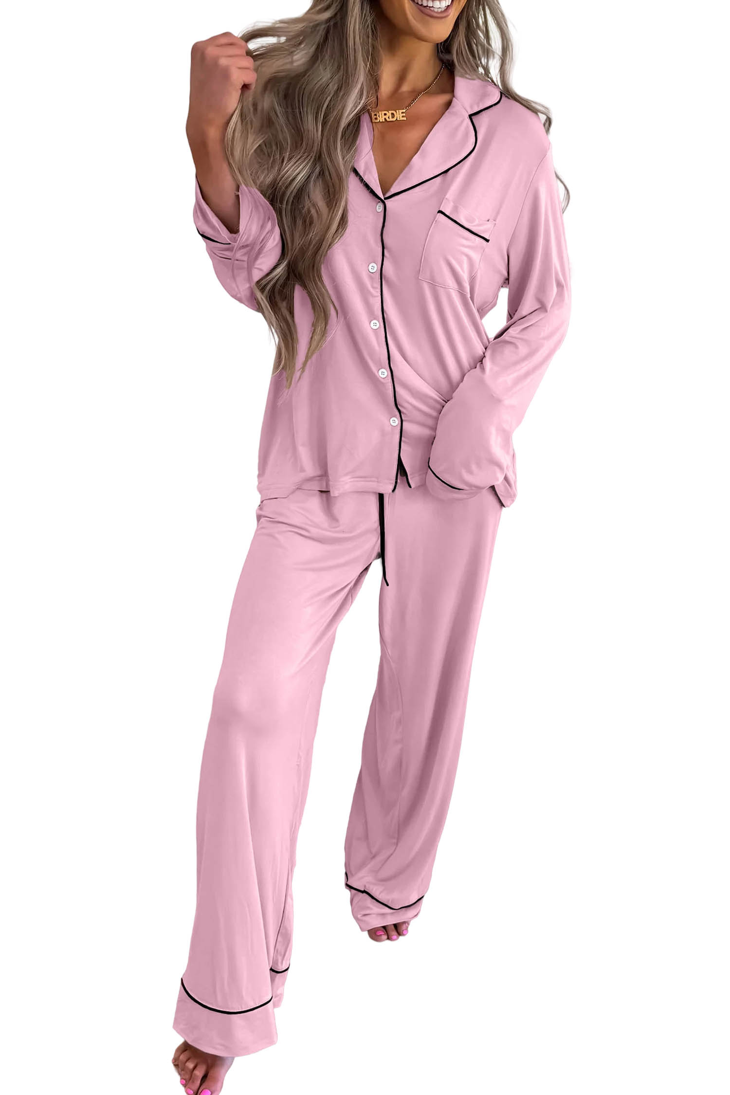 Women's Button Down Pajama Set, Soft Long Sleeve Loungewear - Main View Women's Button Down Pajama Set, Soft Long Sleeve Loungewear - Main View