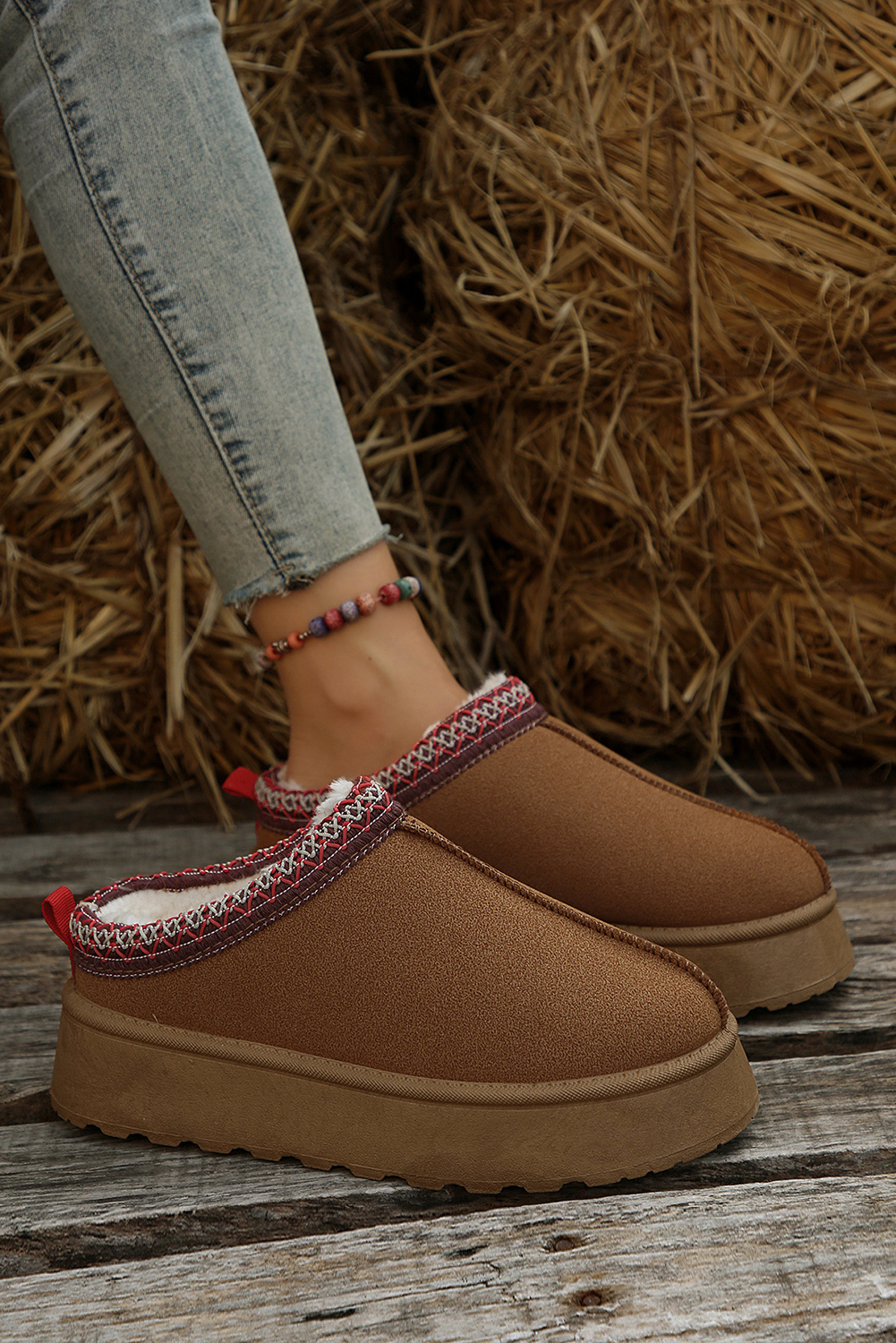 Women's Chestnut Contrast Print Suede Plush Lined Snow Boots for Winter - Detail View 9 Women's Chestnut Contrast Print Suede Plush Lined Snow Boots for Winter - Detail View 9