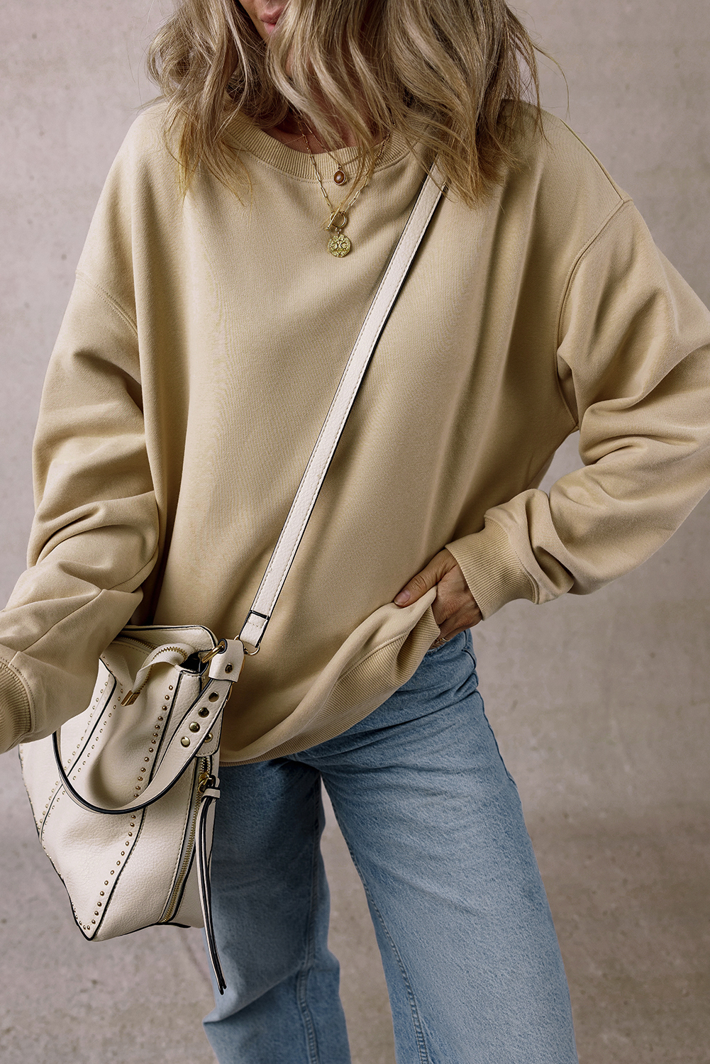 Chic and Cozy: Oversized Long Sleeve Sweatshirt in Parchment Solid Color - Detail View 7 Chic and Cozy: Oversized Long Sleeve Sweatshirt in Parchment Solid Color - Detail View 7