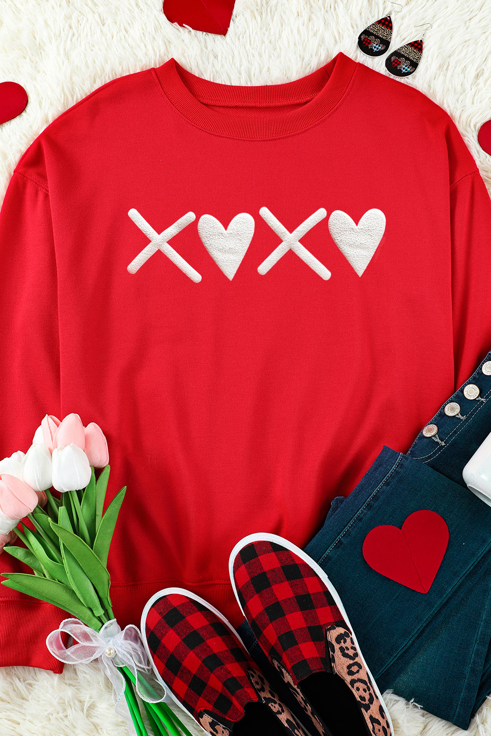 Red Long Sleeve Graphic Sweatshirt, Women's Daily Round Neck - Detail View 6 Red Long Sleeve Graphic Sweatshirt, Women's Daily Round Neck - Detail View 6