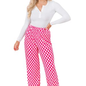 Pink Checkered Shirred High Waist Pajama Set for Women - Main View