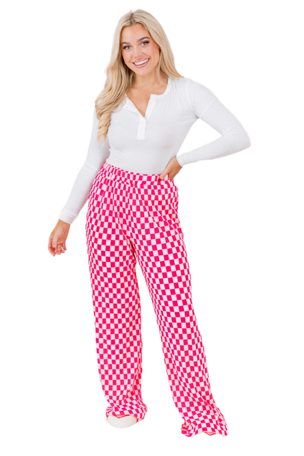 Pink Checkered Shirred High Waist Pajama Set for Women - Main View Pink Checkered Shirred High Waist Pajama Set for Women - Main View