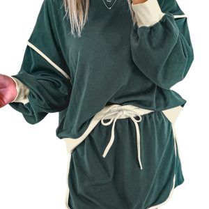 Trendy Women's Evergreen Color Contrast Loose Pullover and Lace-Up Waist Skort Set - Main View