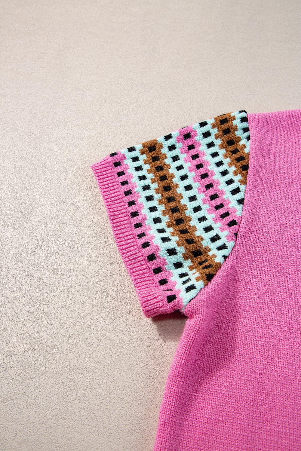 Women's Sweater, Bright Pink, Colorblock, Contrast Print, Short Sleeve, Cap Sleeves, Crewneck, Casual Style, Spring Summer Wear, Viscose Blend, Polyamide Blend, Polyester Blend, Daily Wear, Tops, Short Sleeve Sweaters - Detail View 10 Women's Sweater, Bright Pink, Colorblock, Contrast Print, Short Sleeve, Cap Sleeves, Crewneck, Casual Style, Spring Summer Wear, Viscose Blend, Polyamide Blend, Polyester Blend, Daily Wear, Tops, Short Sleeve Sweaters - Detail View 10
