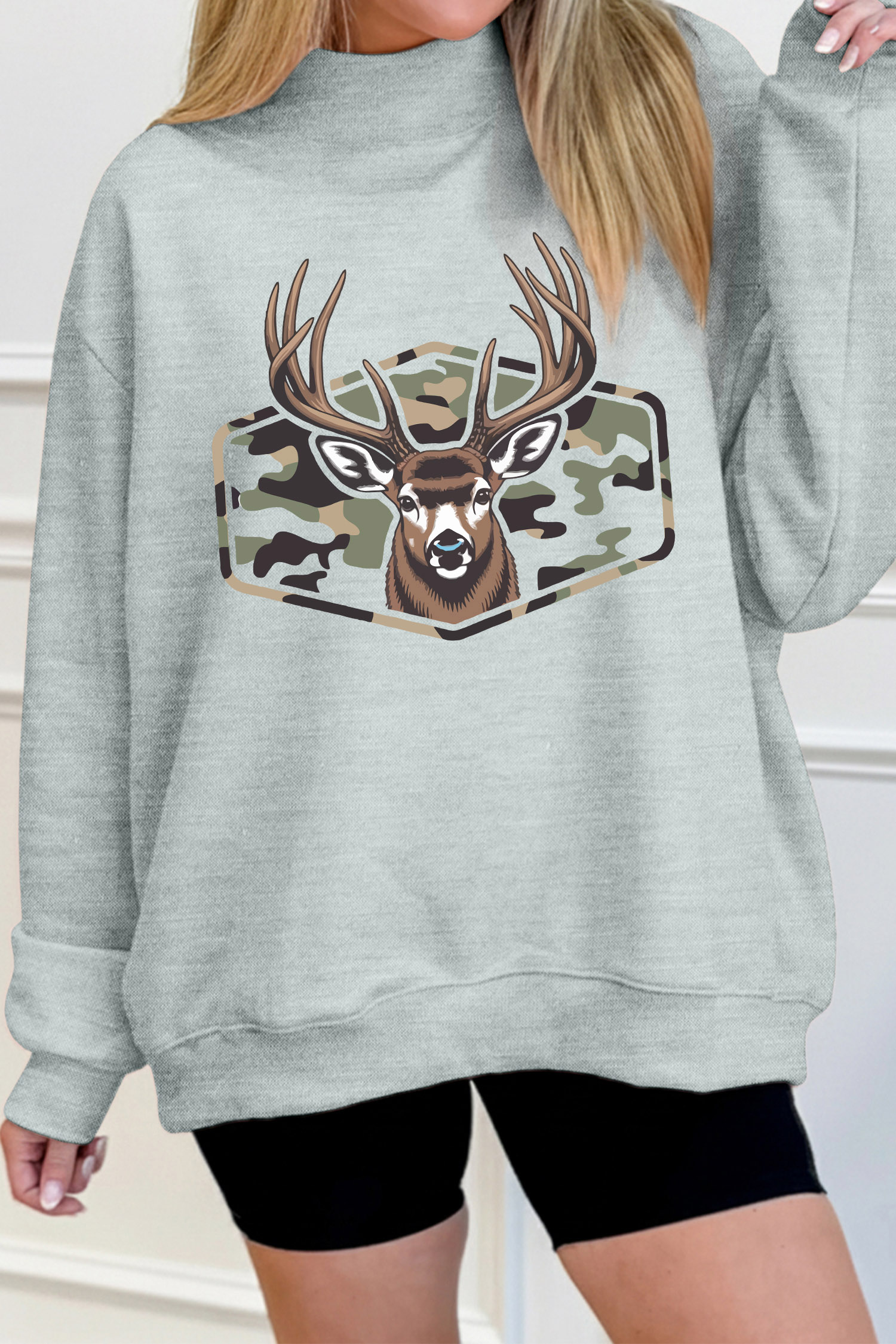 Oversized Reindeer Graphic Top, Cozy Gray Fall Sweatshirt - Detail View 5 Oversized Reindeer Graphic Top, Cozy Gray Fall Sweatshirt - Detail View 5