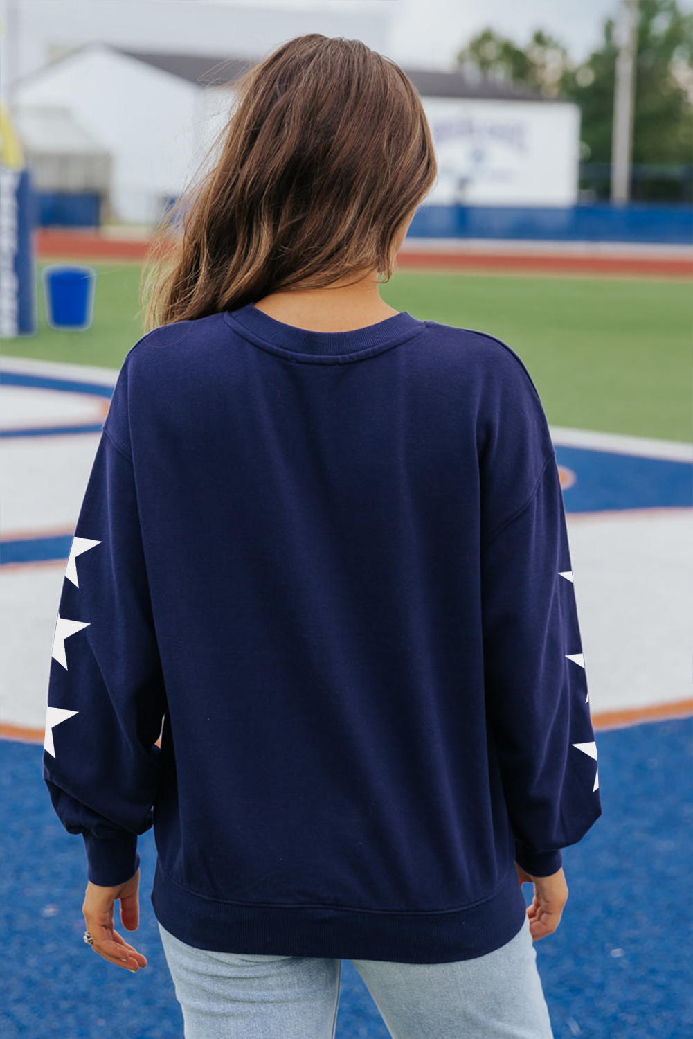 Star Power: Navy Blue Game Day Graphic Sweatshirt with Letter Patterned Sleeves - Detail View 2 Star Power: Navy Blue Game Day Graphic Sweatshirt with Letter Patterned Sleeves - Detail View 2