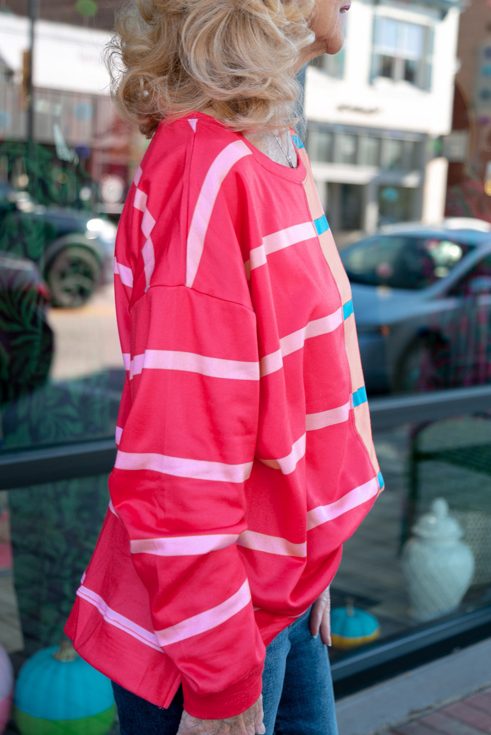 Comfortable and Stylish Plus Size Long Sleeve T-Shirt - Rose Stripe Color Block Design - Detail View 3 Comfortable and Stylish Plus Size Long Sleeve T-Shirt - Rose Stripe Color Block Design - Detail View 3