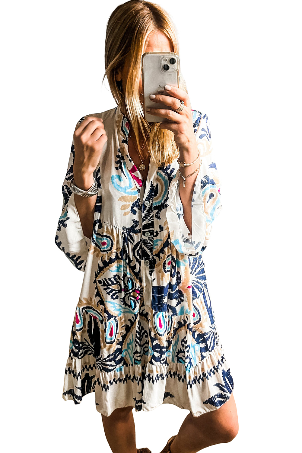 Women's White Printed Tribal Print Bracelet Sleeve Buttoned Mini Dress - Detail View 21 Women's White Printed Tribal Print Bracelet Sleeve Buttoned Mini Dress - Detail View 21