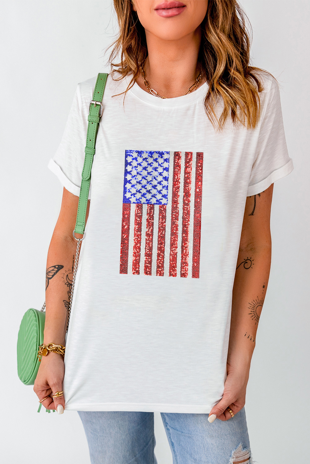 Women's Patriotic Flag Graphic Tee, Shimmery Sequin Short Sleeve - Detail View 7 Women's Patriotic Flag Graphic Tee, Shimmery Sequin Short Sleeve - Detail View 7