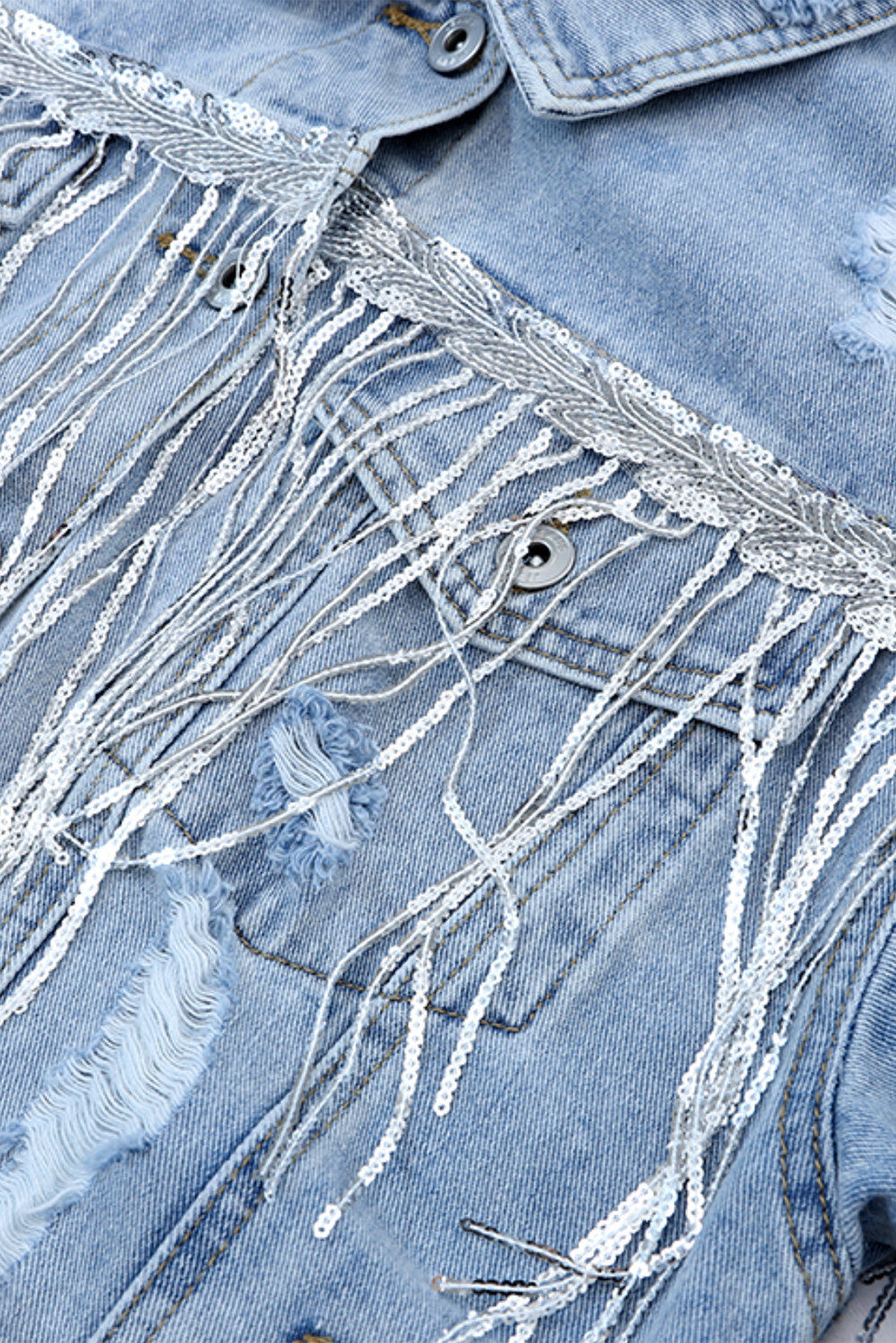 Women's Sequin Fringe Denim Jacket, Distressed Light Blue Coat - Detail View 13 Women's Sequin Fringe Denim Jacket, Distressed Light Blue Coat - Detail View 13