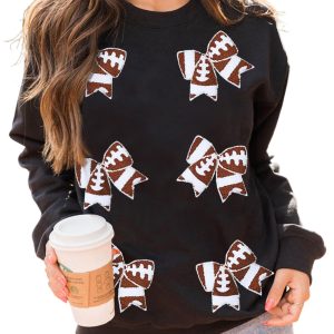 Women's Black Rugby Football Bowknot Patched Crew Neck Sweatshirt - Main View
