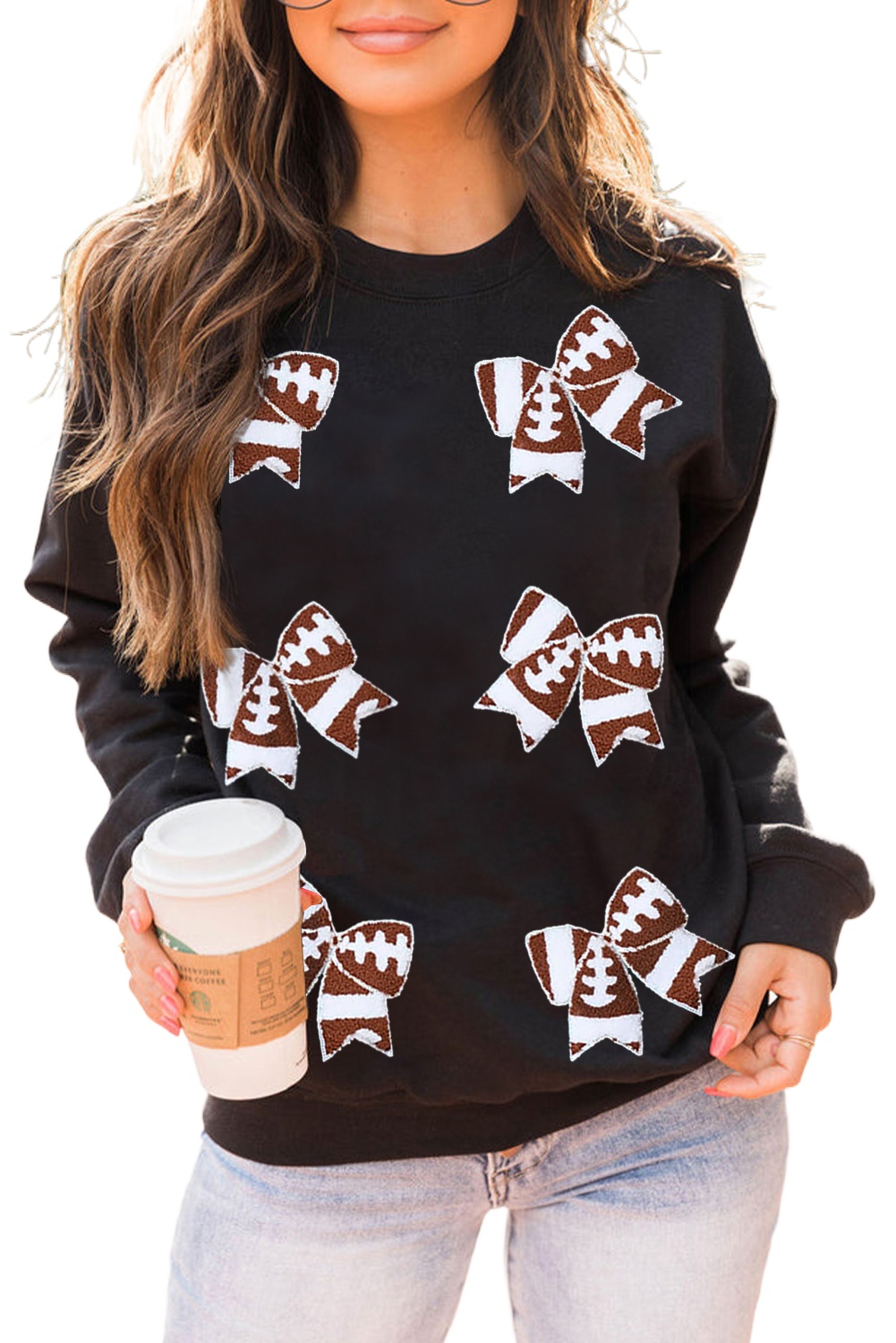 Women's Black Rugby Football Bowknot Patched Crew Neck Sweatshirt - Main View Women's Black Rugby Football Bowknot Patched Crew Neck Sweatshirt - Main View