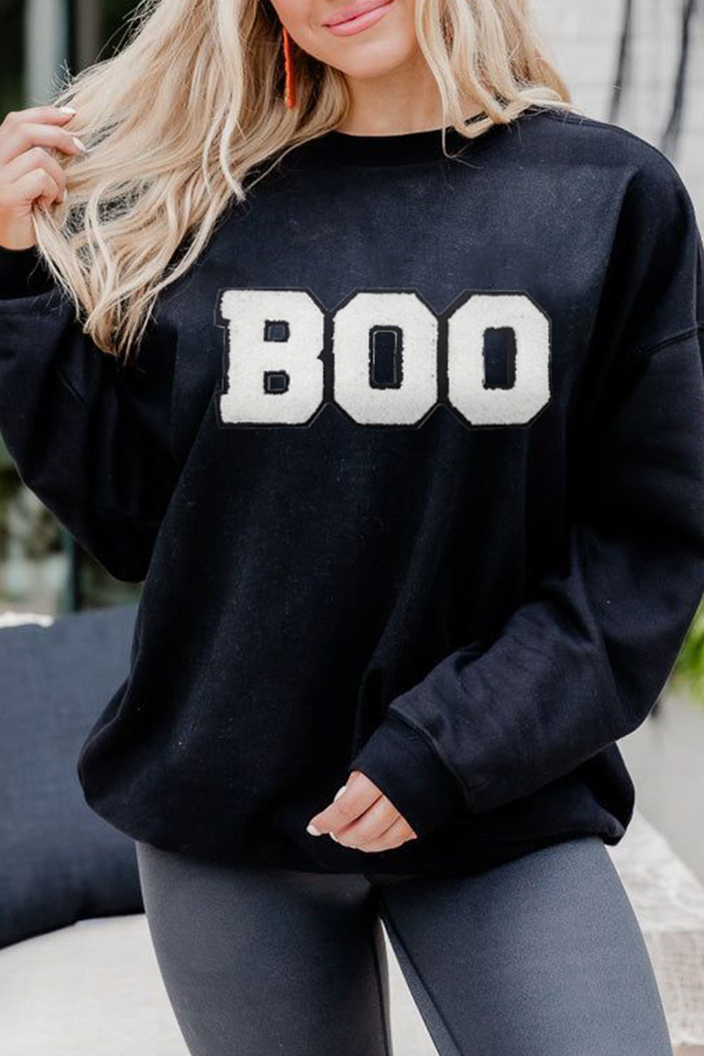 Spooky Season Sweatshirt: Black Chenille BOO Patched Pattern for Halloween - Detail View 2 Spooky Season Sweatshirt: Black Chenille BOO Patched Pattern for Halloween - Detail View 2