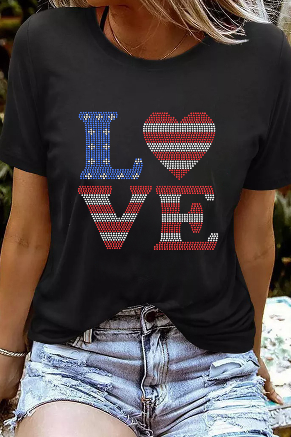 Patriotic Short Sleeve T-Shirt with Sparkling Rhinestones and Stars and Stripes Design - Detail View 3 Patriotic Short Sleeve T-Shirt with Sparkling Rhinestones and Stars and Stripes Design - Detail View 3