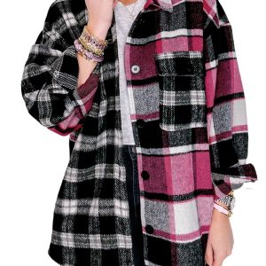 Women's Black Plaid Colorblock Loose Fit Shacket - Main View