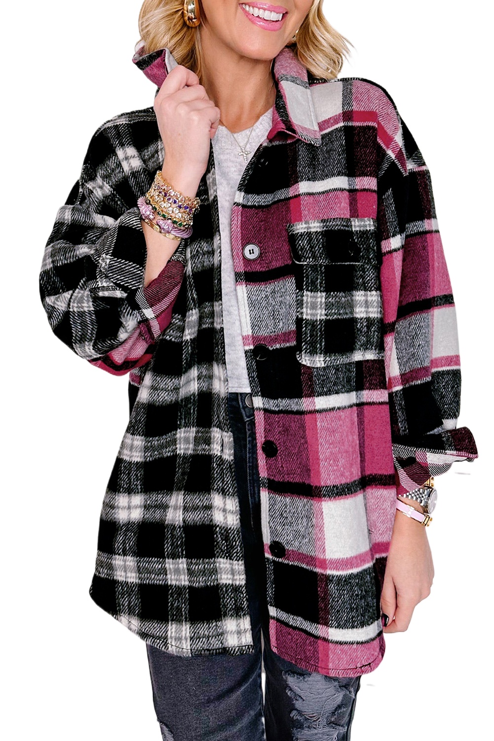 Women's Black Plaid Colorblock Loose Fit Shacket - Main View Women's Black Plaid Colorblock Loose Fit Shacket - Main View