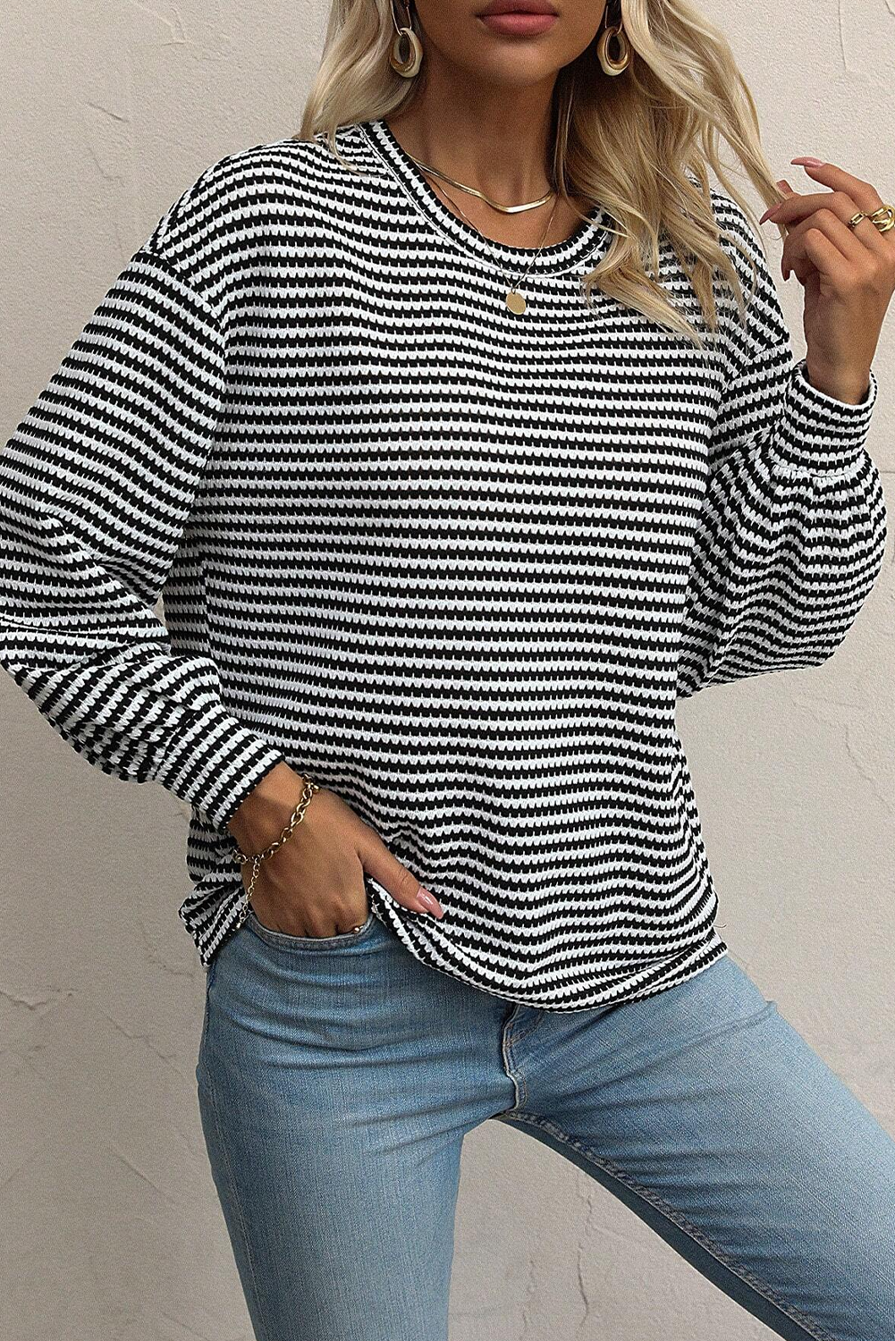 Relaxed Drop Shoulder Long Sleeve Top - Versatile and Stylish - Detail View 3 Relaxed Drop Shoulder Long Sleeve Top - Versatile and Stylish - Detail View 3