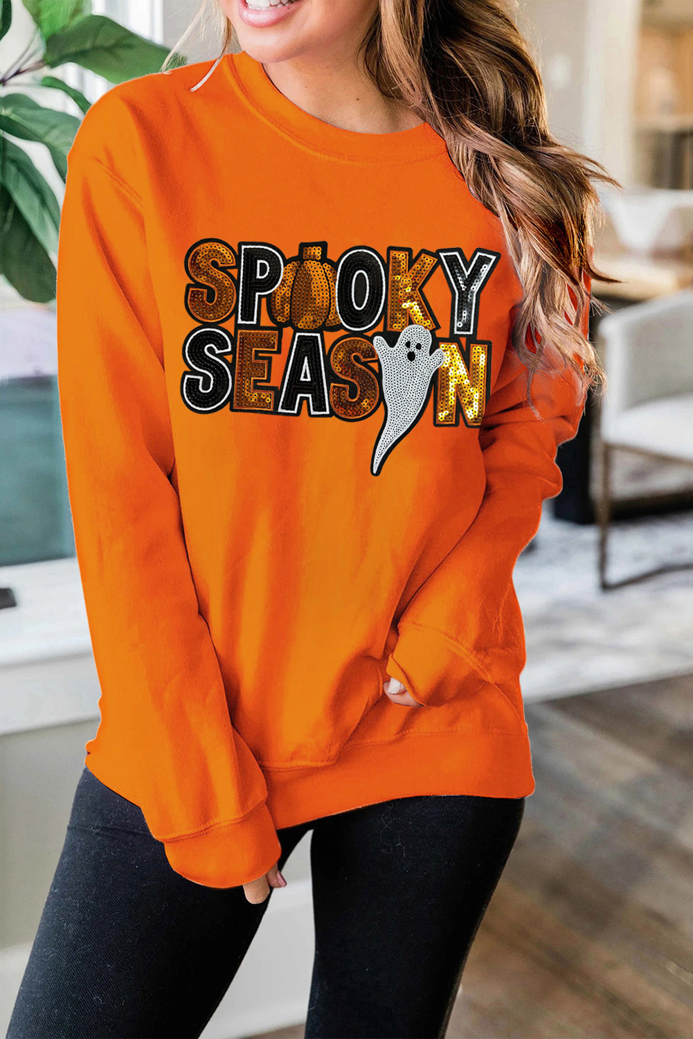 Spooky Season Graphic Sweatshirt: Russet Orange Ghost and Slogan - Detail View 2 Spooky Season Graphic Sweatshirt: Russet Orange Ghost and Slogan - Detail View 2