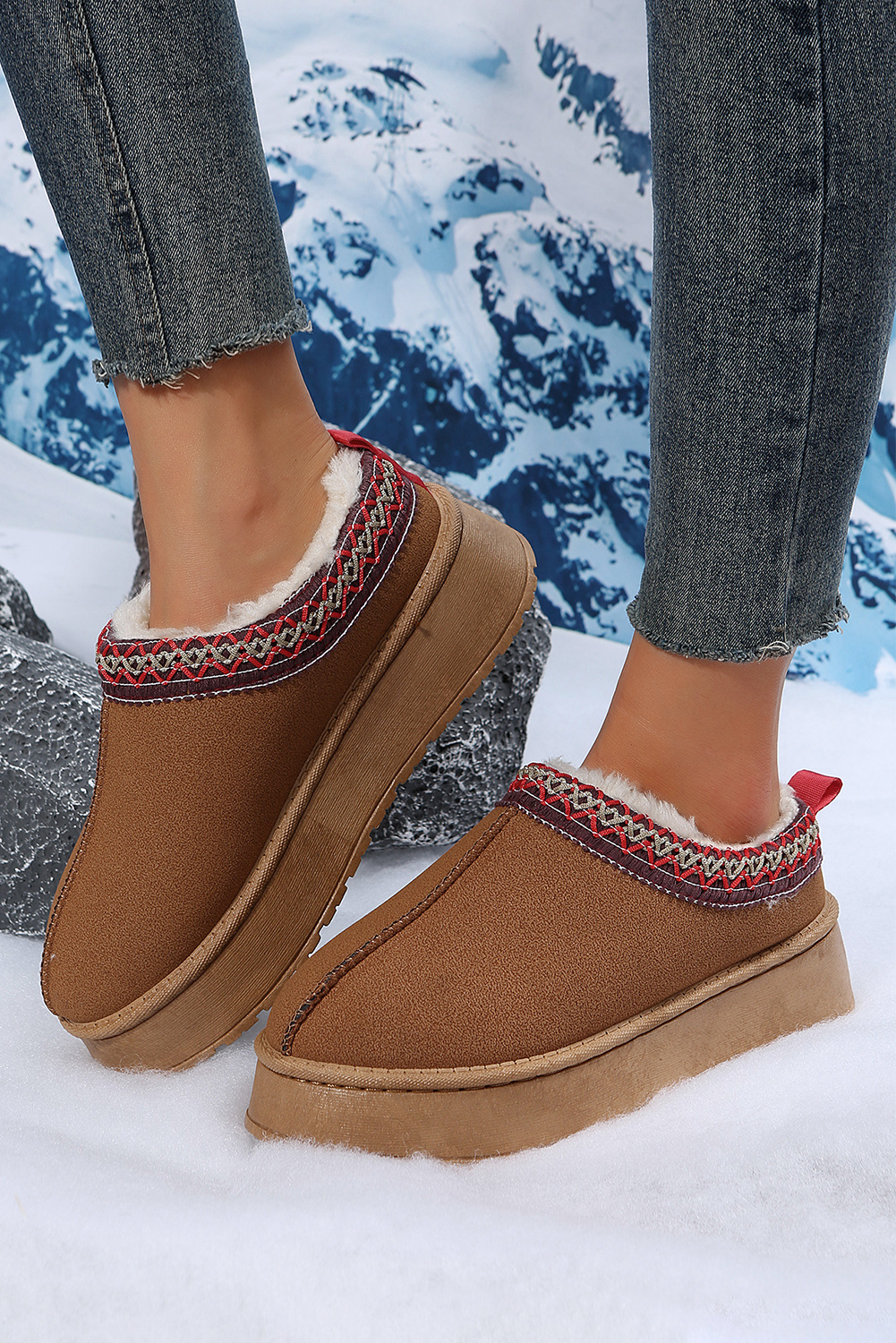 Stylish and Warm Chestnut Suede Snow Boots with Thermal Plush Lining - Detail View 2 Stylish and Warm Chestnut Suede Snow Boots with Thermal Plush Lining - Detail View 2