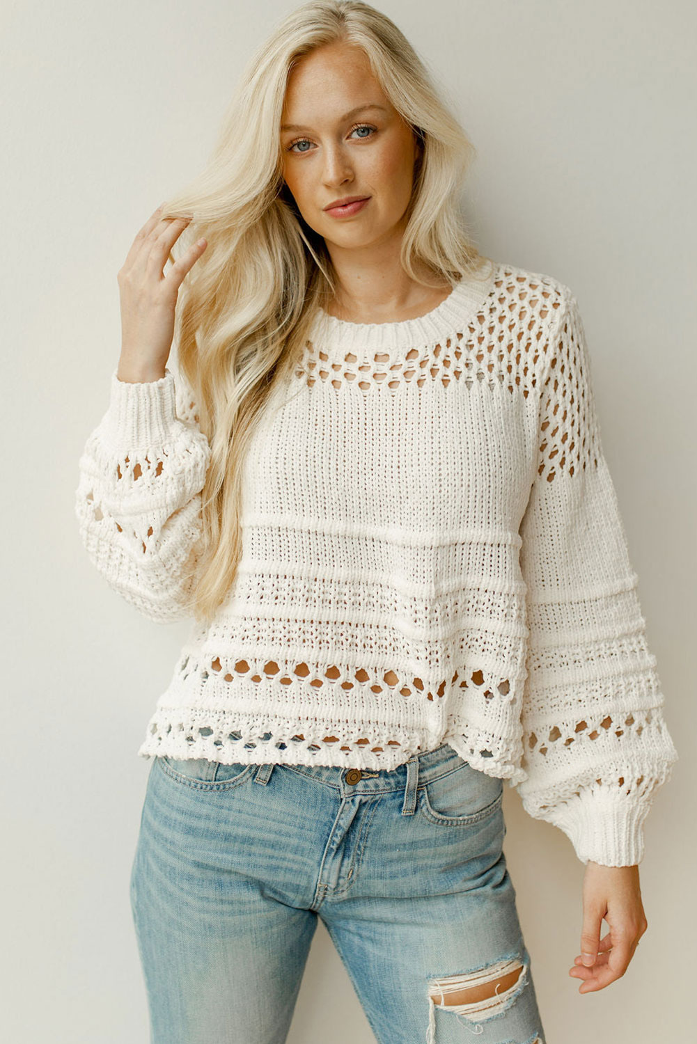 Casual Cotton Blend Sweater, Textured Solid Color Knitwear - Detail View 6 Casual Cotton Blend Sweater, Textured Solid Color Knitwear - Detail View 6