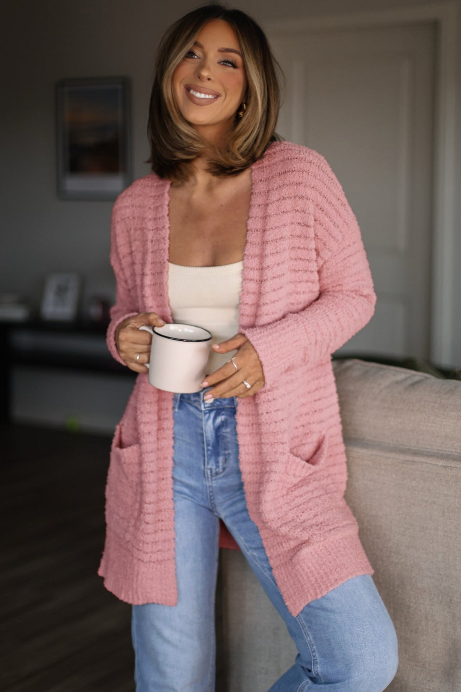 Women's Light Pink Cardigan, Open Front Soft Fuzzy Sweater - Detail View 10 Women's Light Pink Cardigan, Open Front Soft Fuzzy Sweater - Detail View 10