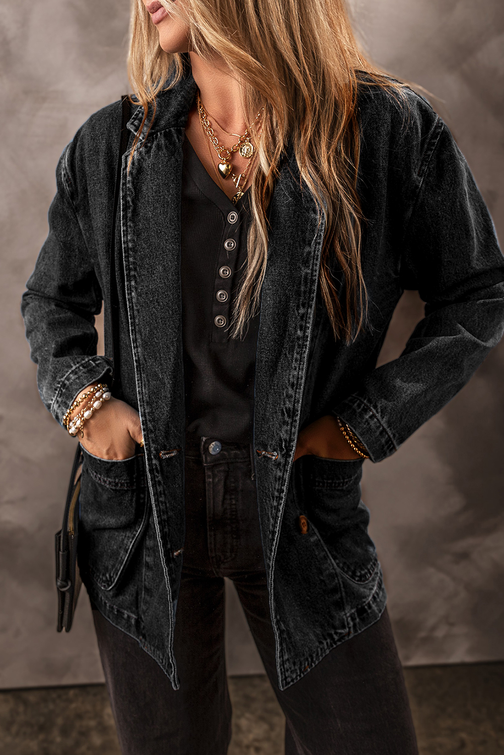 Stylish and Functional Denim Jacket - Black with Lapel Collar and Pockets - Detail View 2 Stylish and Functional Denim Jacket - Black with Lapel Collar and Pockets - Detail View 2