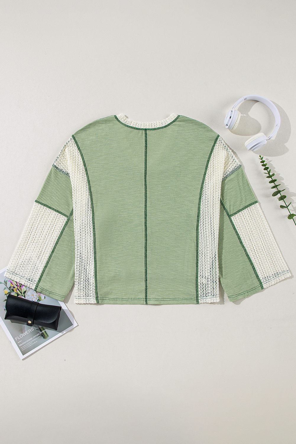 Women's Grass Green Exposed Seam High Low Loose Fit Crochet Top - Detail View 6 Women's Grass Green Exposed Seam High Low Loose Fit Crochet Top - Detail View 6