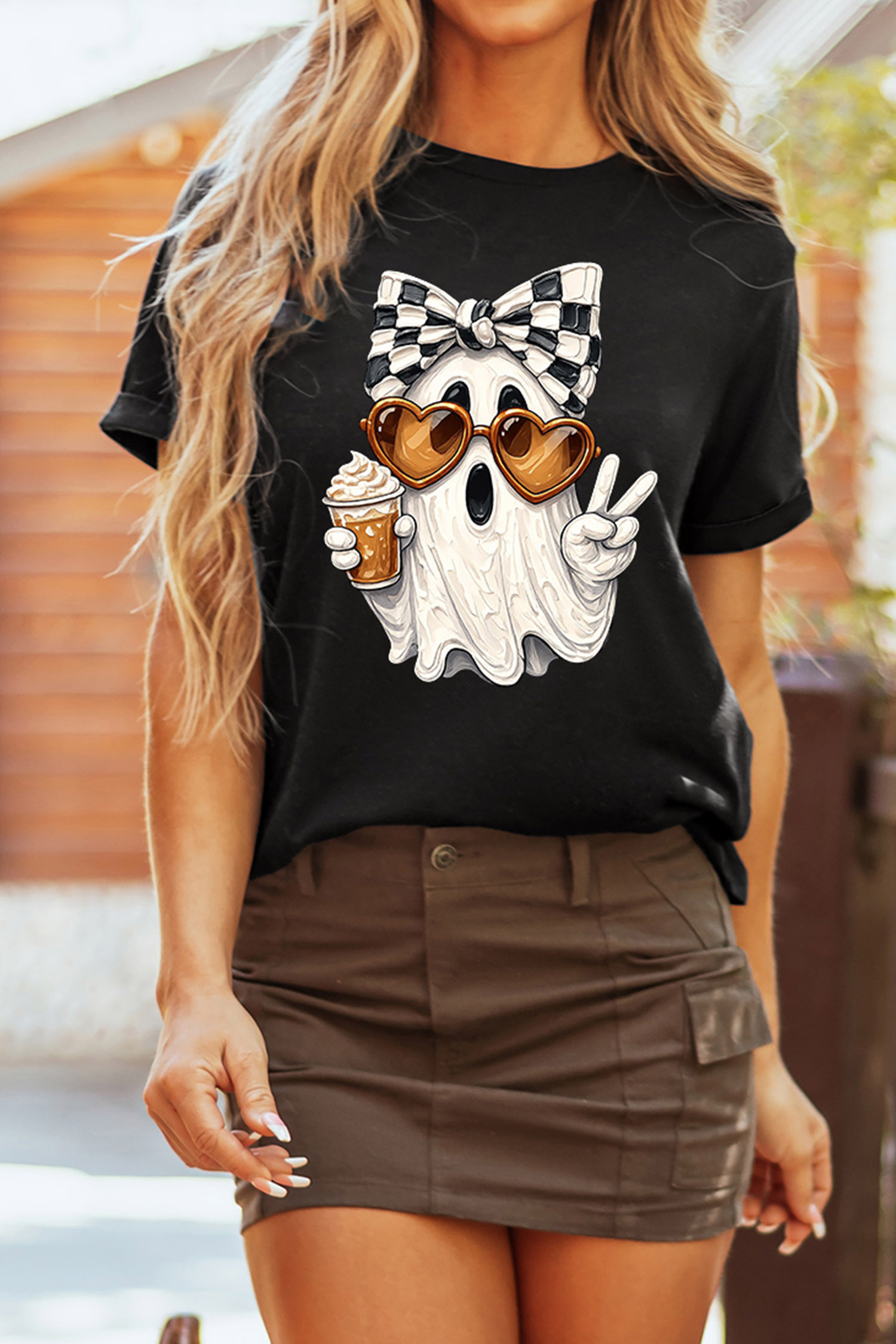Women's Funny Ghost Tee, Round Neck Summer Graphic Shirt - Detail View 5 Women's Funny Ghost Tee, Round Neck Summer Graphic Shirt - Detail View 5