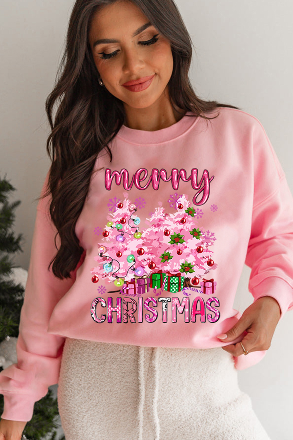 Casual Holiday Sweater - Pink Christmas Graphic Crew Neck Pullover - Detail View 2 Casual Holiday Sweater - Pink Christmas Graphic Crew Neck Pullover - Detail View 2