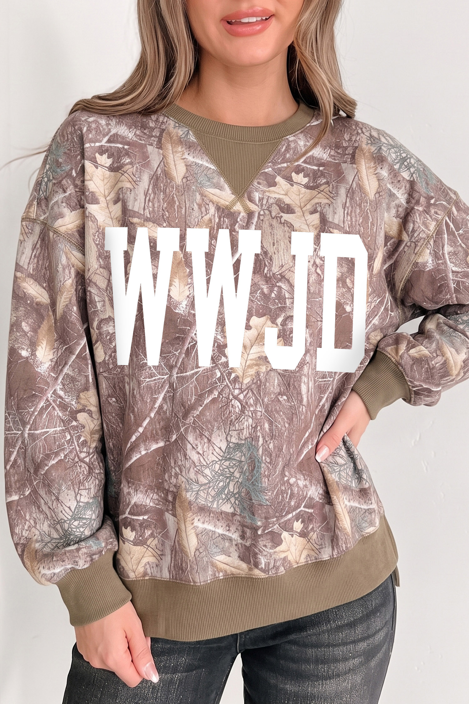 Women's Printed Camo Sweatshirt, Casual Round Neck Long Sleeve - Detail View 6 Women's Printed Camo Sweatshirt, Casual Round Neck Long Sleeve - Detail View 6
