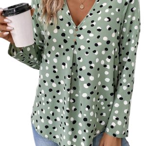 Women's Green Polka Dot Print Button Front V-Neck Blouse - Main View
