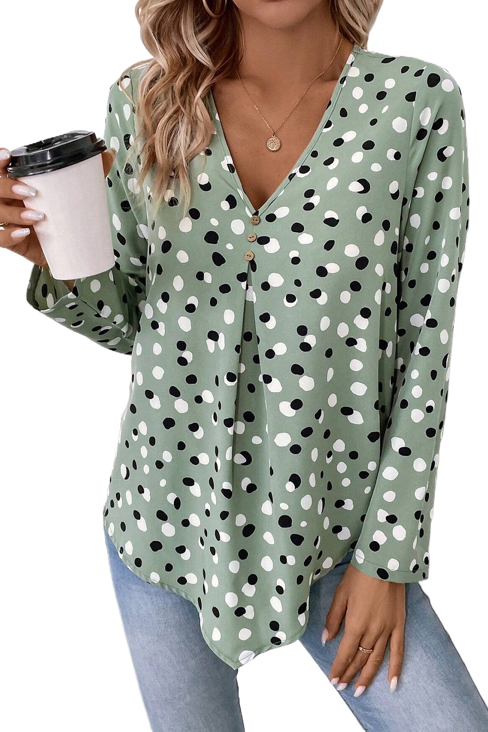 Women's Green Polka Dot Print Button Front V-Neck Blouse - Main View Women's Green Polka Dot Print Button Front V-Neck Blouse - Main View