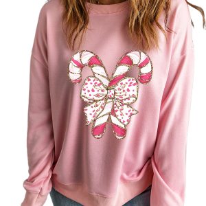 Women's Pink Christmas Bow Candy Cane Graphic Drop Shoulder Crew Neck Sweatshirt - Main View