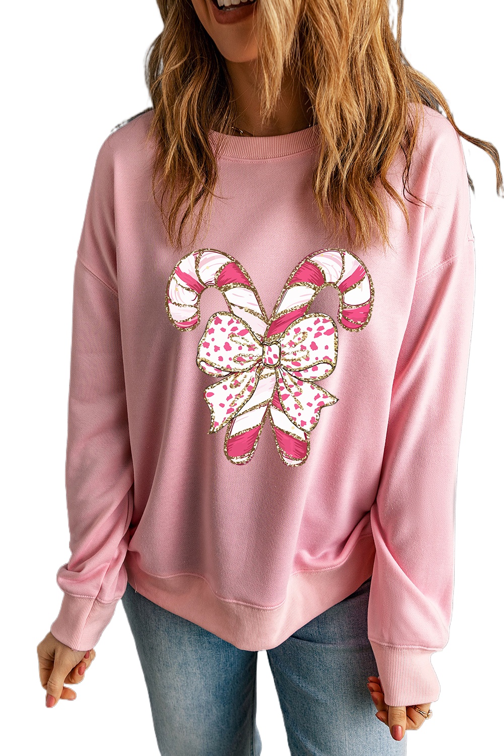 Women's Pink Christmas Bow Candy Cane Graphic Drop Shoulder Crew Neck Sweatshirt - Main View Women's Pink Christmas Bow Candy Cane Graphic Drop Shoulder Crew Neck Sweatshirt - Main View