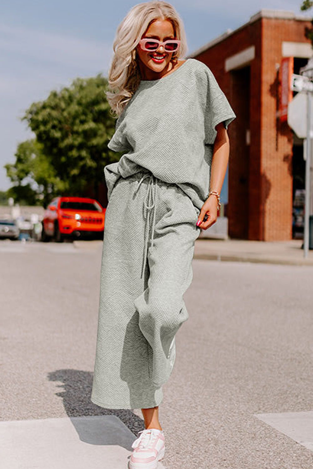 Women's Textured Loungewear Set, Casual Short Sleeve Outfit - Detail View 4 Women's Textured Loungewear Set, Casual Short Sleeve Outfit - Detail View 4