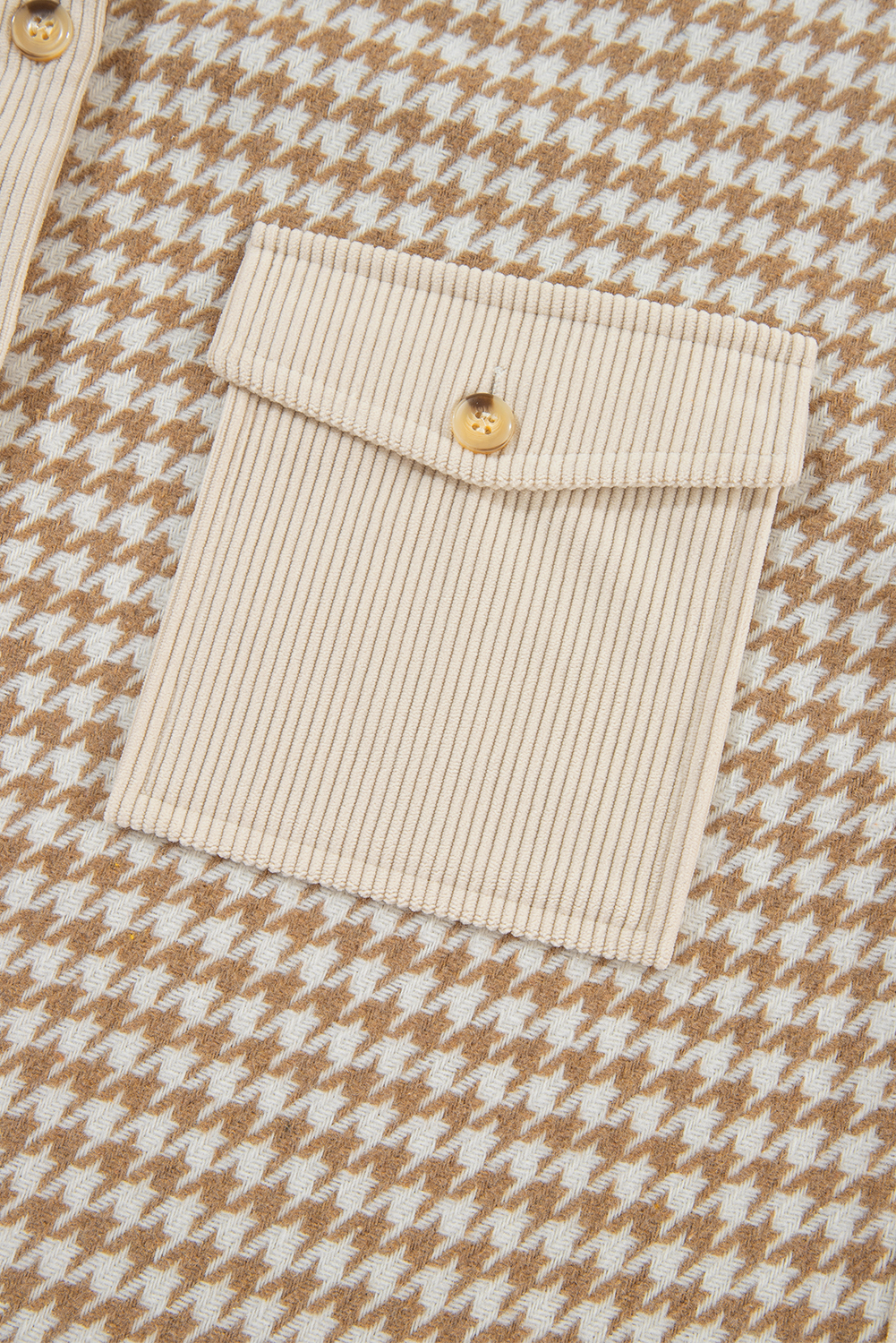 Women's Parchment Houndstooth Corduroy Patchwork Flap Pocket Shacket - Detail View 16 Women's Parchment Houndstooth Corduroy Patchwork Flap Pocket Shacket - Detail View 16