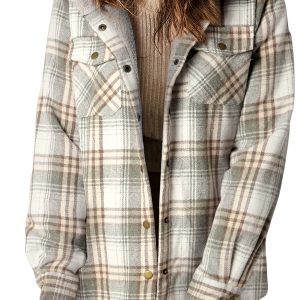 Women's Gray Plaid Shacket, Sherpa Lined Hooded Jacket - Main View