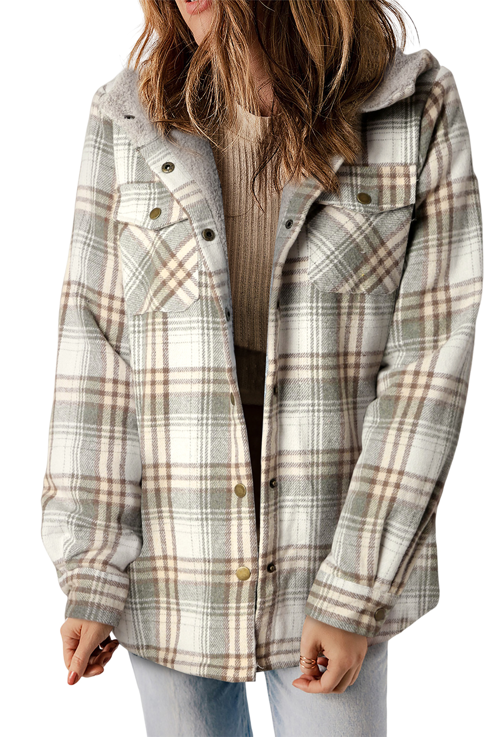 Women's Gray Plaid Shacket, Sherpa Lined Hooded Jacket - Main View Women's Gray Plaid Shacket, Sherpa Lined Hooded Jacket - Main View