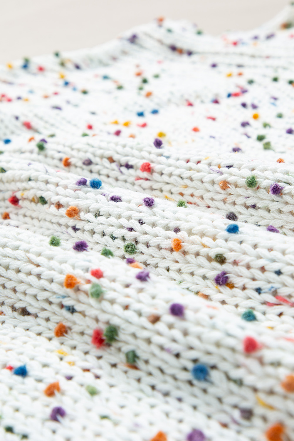 Women's Sweater, White, Colorful Confetti, Distressed Knit, Long Sleeve, Round Neck, Casual Style, Winter Wear, Daily Wear, Relaxed Fit, Ribbed Texturing, Trendy, Multicolor Pattern, Damain Print, Premium Material - Detail View 10 Women's Sweater, White, Colorful Confetti, Distressed Knit, Long Sleeve, Round Neck, Casual Style, Winter Wear, Daily Wear, Relaxed Fit, Ribbed Texturing, Trendy, Multicolor Pattern, Damain Print, Premium Material - Detail View 10