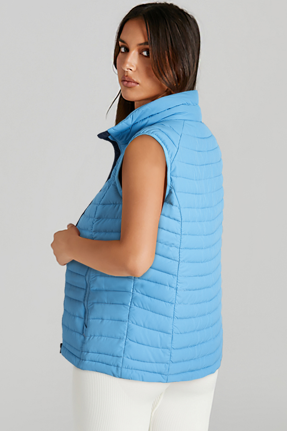 Trendy Sleeveless Puffer Vest in Sky Blue - Insulated and Cozy - Detail View 6 Trendy Sleeveless Puffer Vest in Sky Blue - Insulated and Cozy - Detail View 6