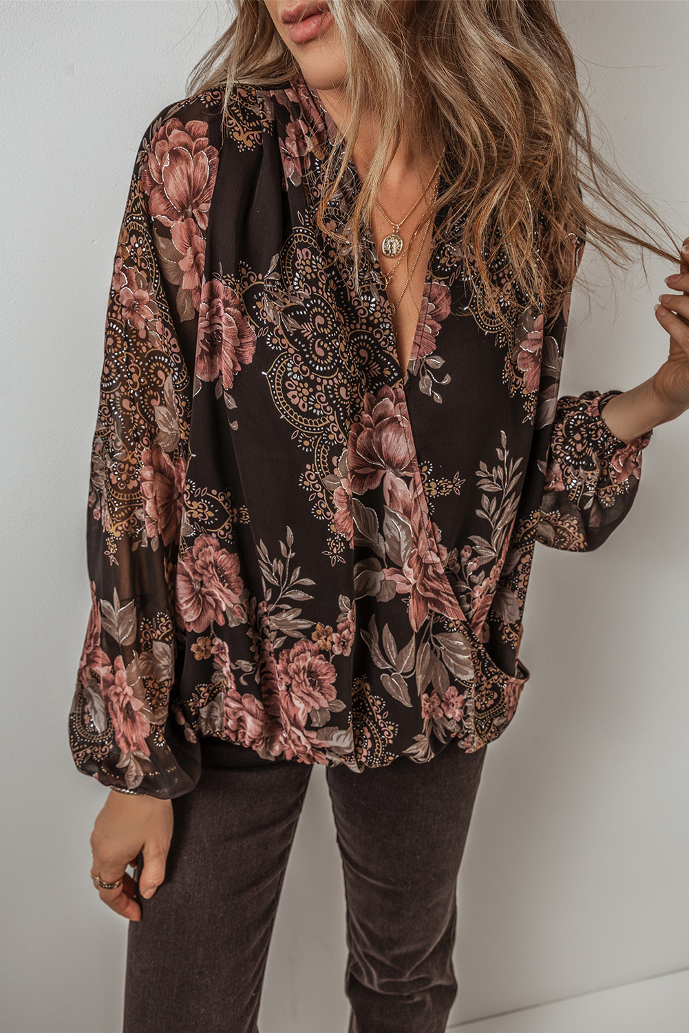 Elegant Floral Blouse with V Neck Wrap and Trendy Balloon Sleeves for Women - Detail View 6 Elegant Floral Blouse with V Neck Wrap and Trendy Balloon Sleeves for Women - Detail View 6