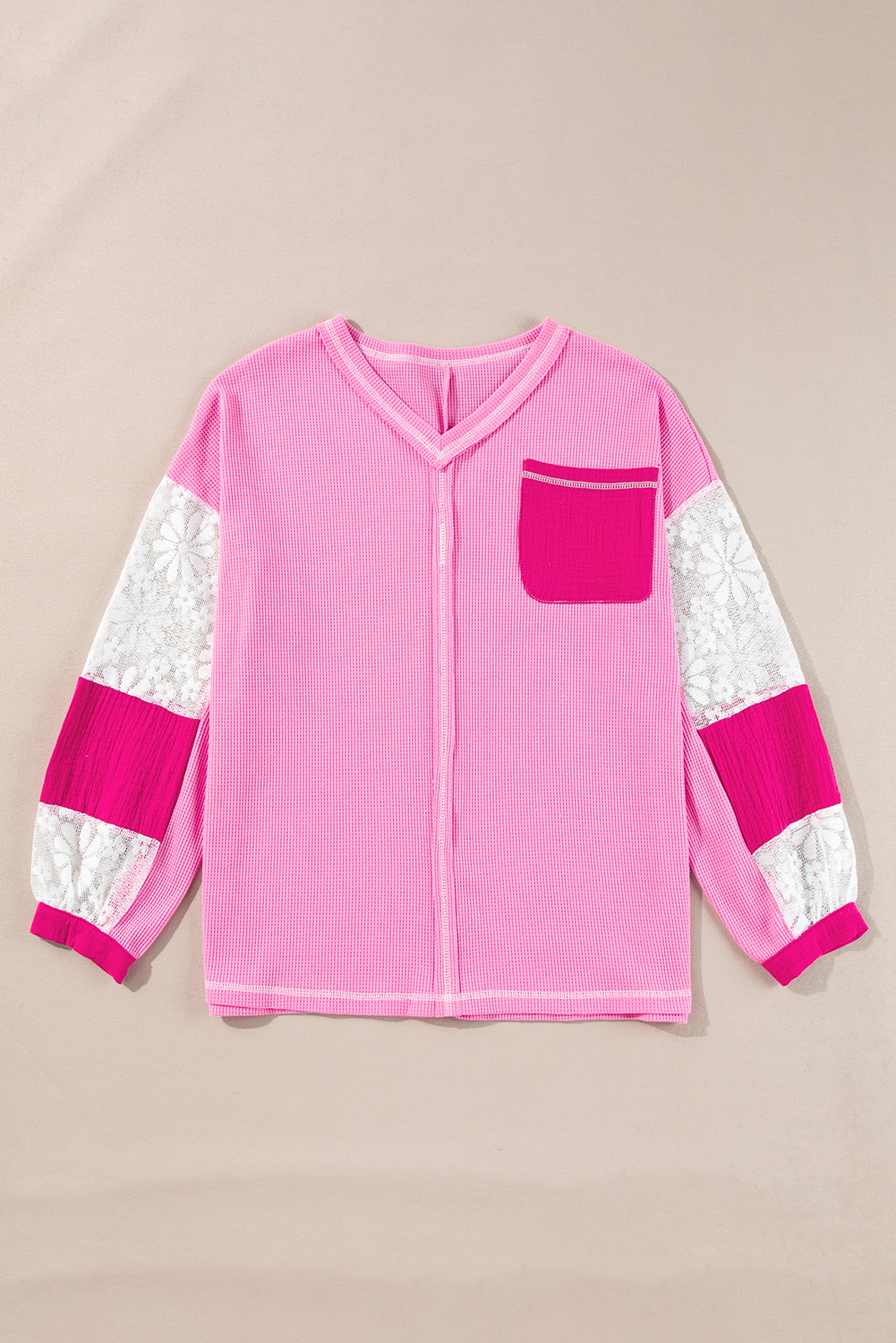 Women's Blouse, Bonbon Color, Lace Floral, Patchwork Sleeve, V Neck, Rib Knit, Long Sleeve, Casual, Stylish, Comfortable Fit, Color Block, Autumn Fashion, Daily Wear, Versatile Top, Tops & Shirts - Detail View 4 Women's Blouse, Bonbon Color, Lace Floral, Patchwork Sleeve, V Neck, Rib Knit, Long Sleeve, Casual, Stylish, Comfortable Fit, Color Block, Autumn Fashion, Daily Wear, Versatile Top, Tops & Shirts - Detail View 4