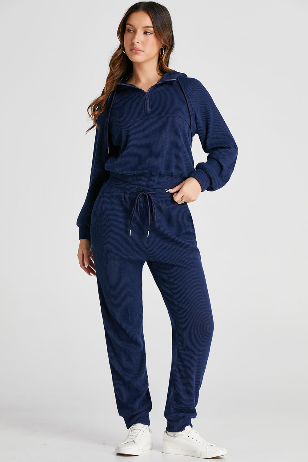 Women's Activewear Set, Navy Blue, Ribbed Knit, Cropped Hoodie, Drawstring Joggers, Coordinated Outfit, Trendy, Textured Look, Comfortable, Premium Fabric, Workout Wear, Casual Wear, Winter Season, Activewear Sets - Detail View 10 Women's Activewear Set, Navy Blue, Ribbed Knit, Cropped Hoodie, Drawstring Joggers, Coordinated Outfit, Trendy, Textured Look, Comfortable, Premium Fabric, Workout Wear, Casual Wear, Winter Season, Activewear Sets - Detail View 10